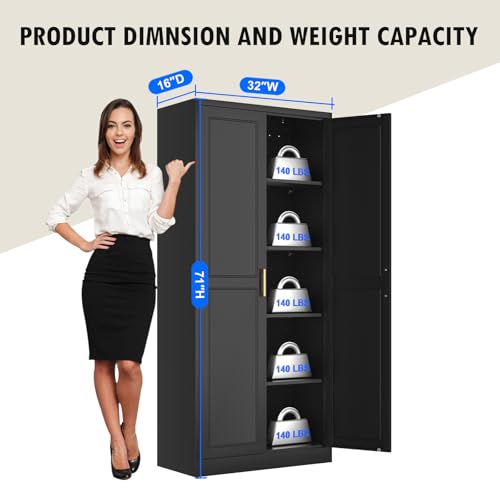 Tall Kitchen Storage Cabinet with Doors and Adjustable Shelves, Black Freestanding Cupboard X34021