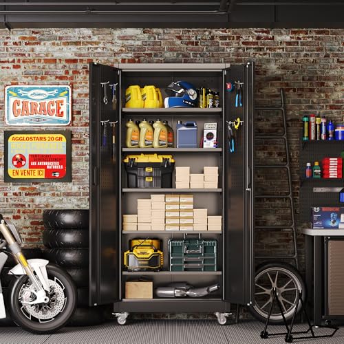 Metal Storage Cabinet with Wheels, 73" H, Locking Doors and Adjustable Shelves C8462