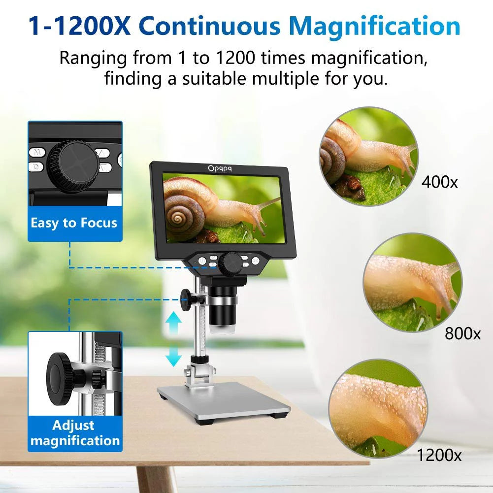 7" LCD Digital Microscope, 1200X Coin Microscope with 32GB Card, 12MP Camera, LED Fill Lights, PC View O9021