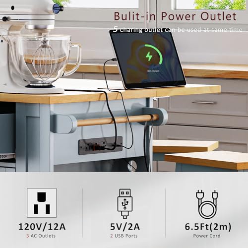 Large Kitchen Island with Drop Leaf, Rolling Cart, Power Outlet R822