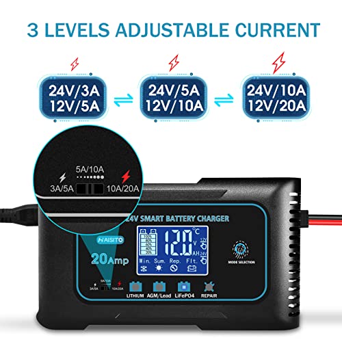 20 Amp Lithium Battery Charger, 12V and 24V Lifepo4, Lead-Acid Portable Car Battery Charger R763