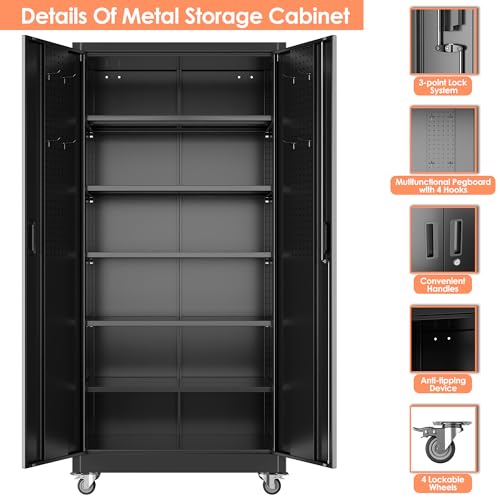 Metal Storage Cabinet with Wheels, 73" H, Locking Doors and Adjustable Shelves C8462