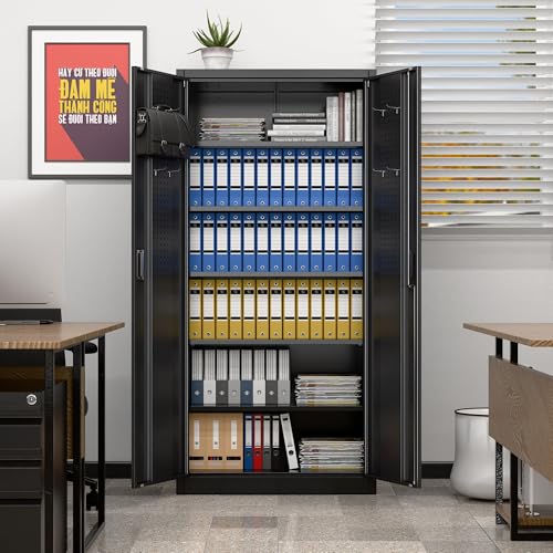 Garage Storage Cabinet with Wheels, 72" H, 2 Doors, 4 Adjustable Shelves, Black Q104