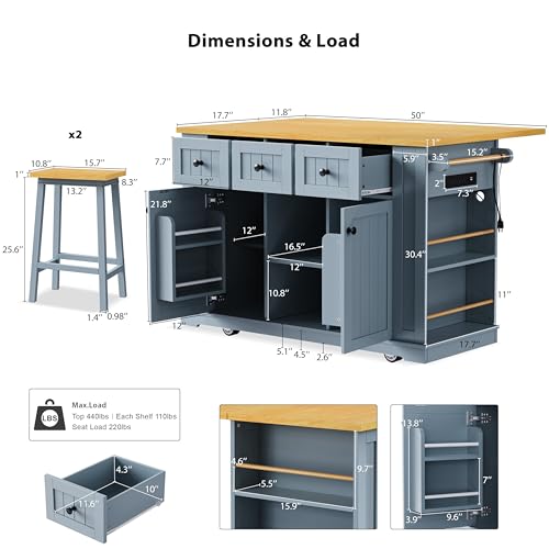 Large Kitchen Island with Drop Leaf, Rolling Cart, Power Outlet R822
