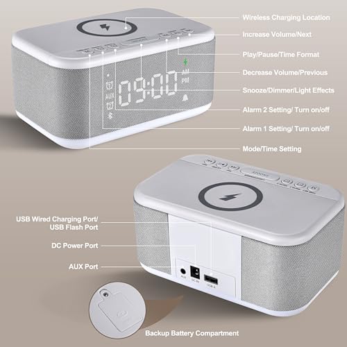 Wireless Charger Alarm Clock Speaker with Dimmable Light D64277