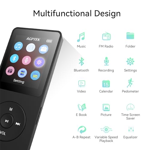 MP3 Player with Bluetooth 5.3, 1.8 Inch Screen, FM Radio, Voice Recorder I138