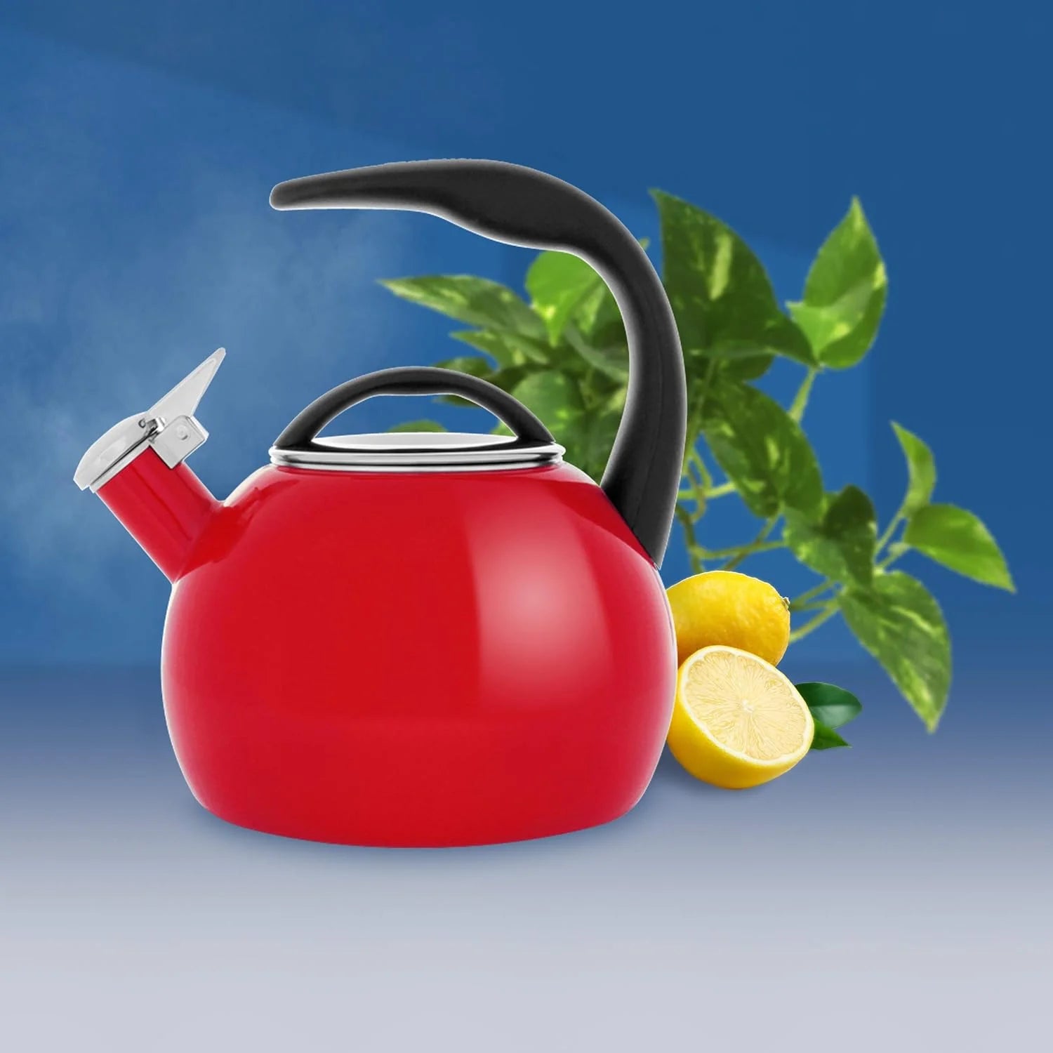 Enamel Steel Whistling Tea Kettle, 2 Quart D60899