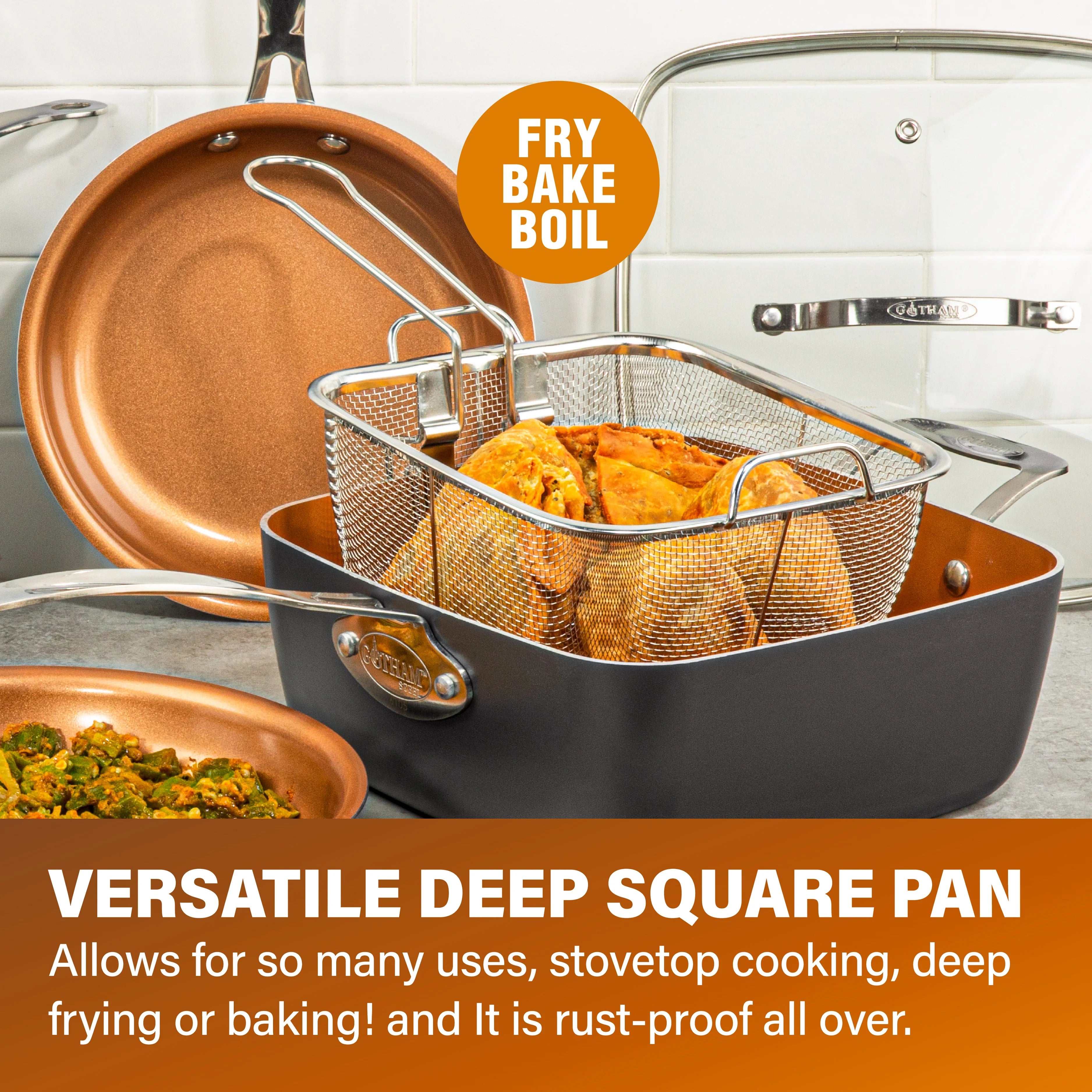 6 Qt Nonstick Deep Square Casserole Pan with Frying Basket and Steamer Tray J702252