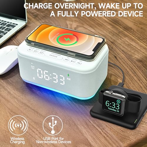 Wireless Charger Alarm Clock Speaker with Dimmable Light D64277