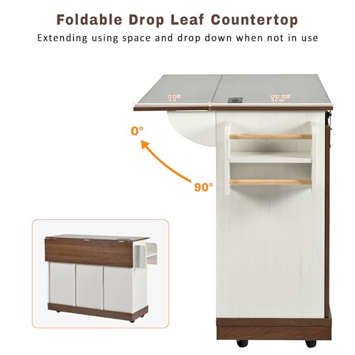 Farmhouse Kitchen Island with Drop Leaf, Barn Door and Wheels O34026