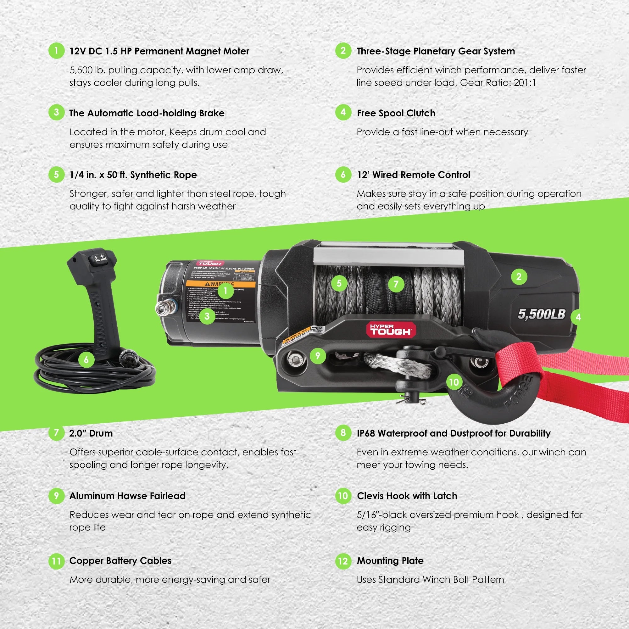 5500 lb 12V DC Electric UTV Winch with 50ft Synthetic Rope Q8691