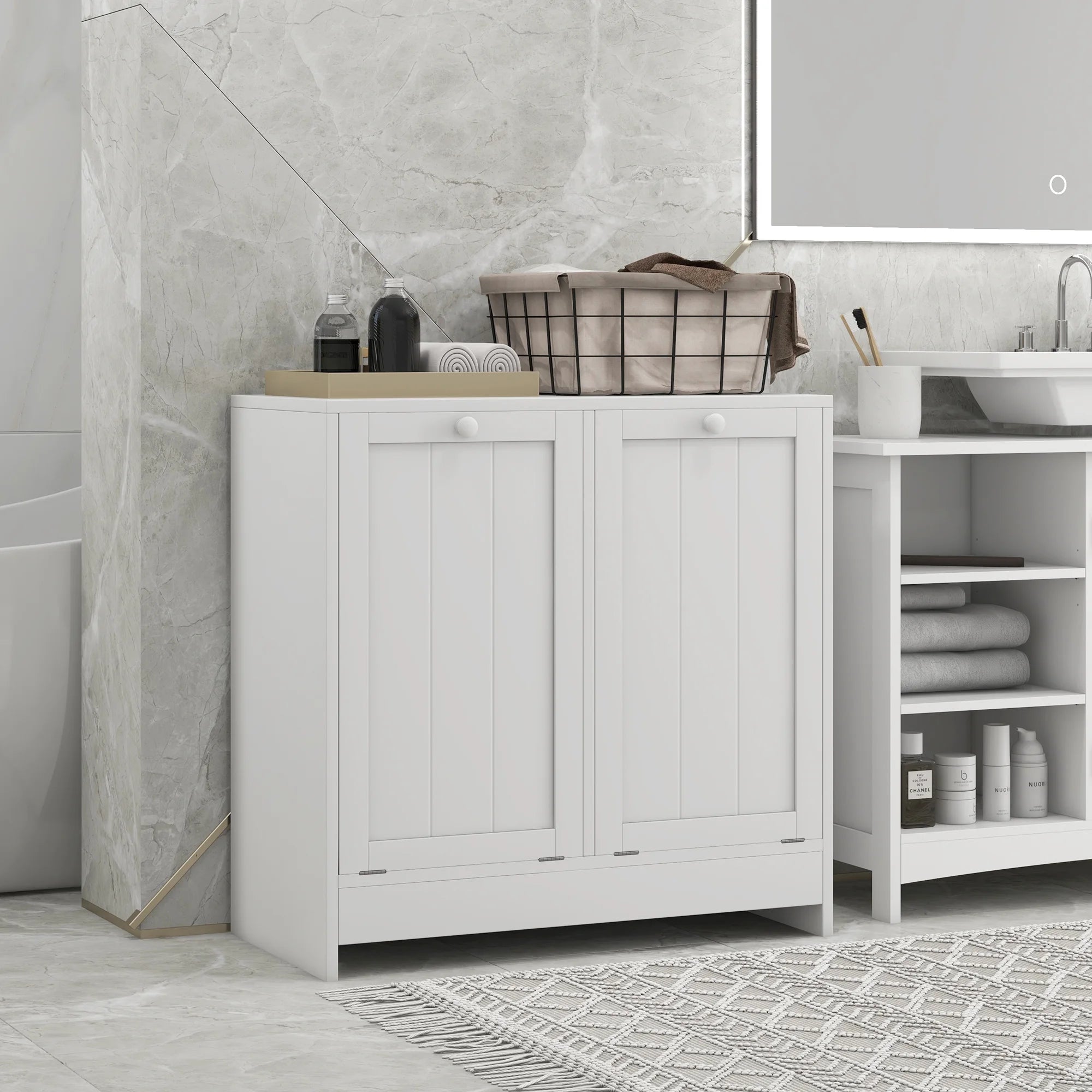 Tilt-out Laundry Storage Cabinet with 2 Hamper Compartments, White K817002
