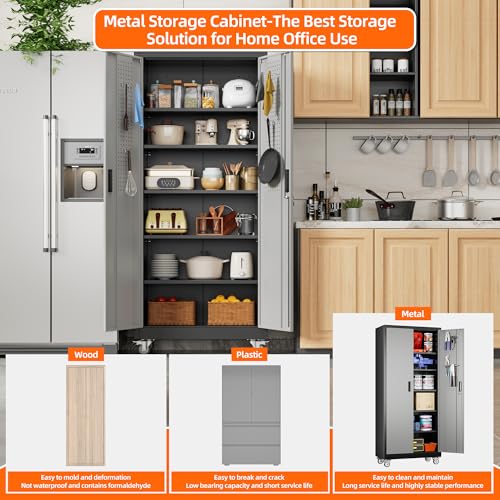 Metal Storage Cabinet with Wheels, 73" H, Locking Doors and Adjustable Shelves C8462