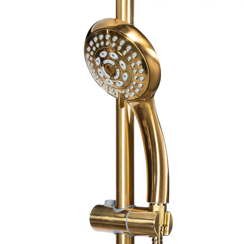 Kauai III Shower System with 8" Rain Showerhead, 5-Function Hand Shower, Adjustable Slide Bar and Soap Dish, Brushed Gold Finish H53812