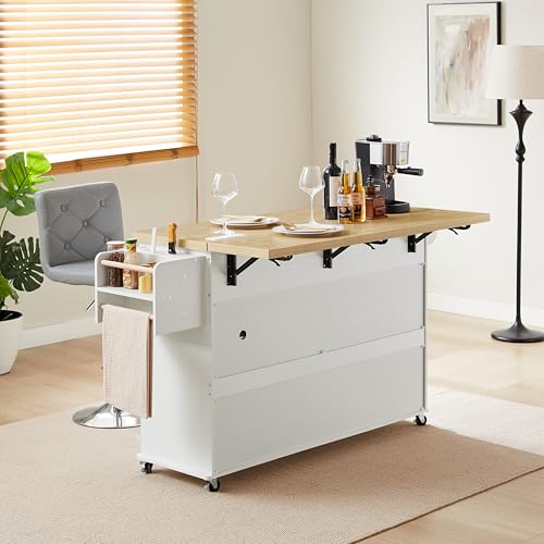 Kitchen Island with Power Outlet & Drop Leaf, Rolling Cart with Storage T1071