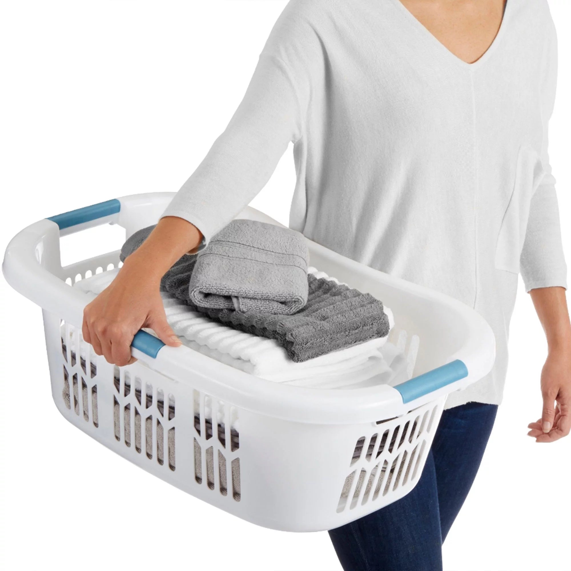 Large Portable Plastic Laundry Basket, White H29093