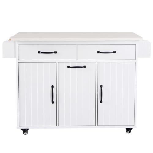 Farmhouse Kitchen Island with Drop Leaf, Barn Door and Wheels O34026