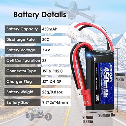 7.4V 450mAh 2S Lipo Battery with JST & PH2.0 Plug and USB Charger for RC Cars and Drones G32974