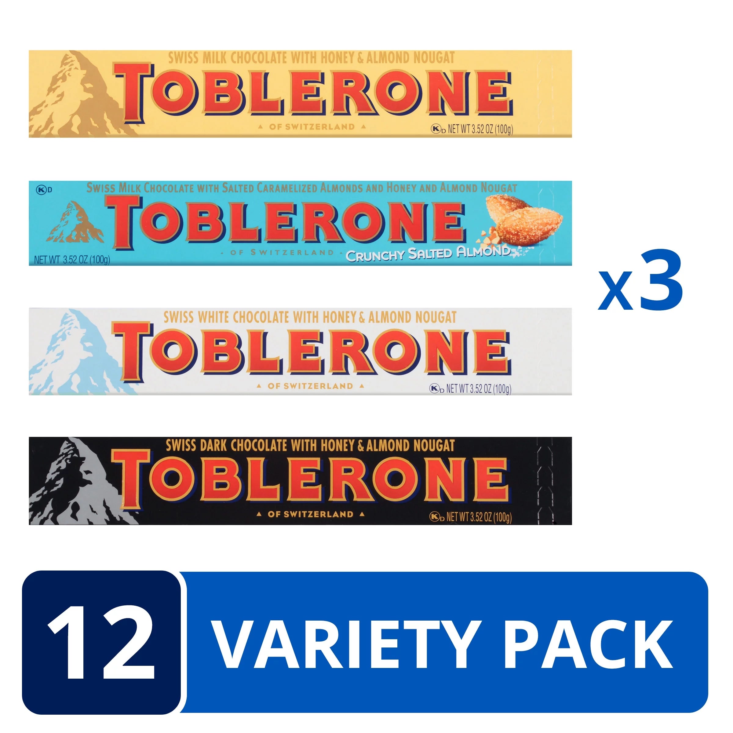 Swiss Chocolate Variety Pack, Milk, Dark & White Chocolate with Salted Caramelized Almond, 12 Bars W61774