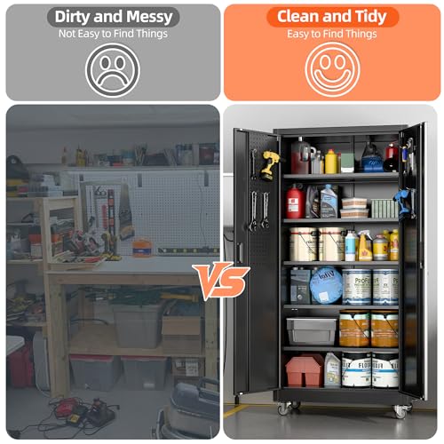 Metal Storage Cabinet with Wheels, 73" H, Locking Doors and Adjustable Shelves C8462