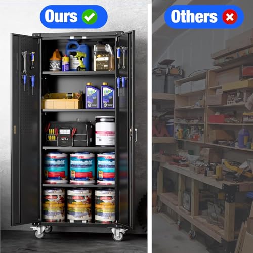 Garage Storage Cabinet with Wheels, 72" H, 2 Doors, 4 Adjustable Shelves, Black Q104