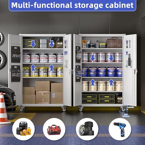 Metal Storage Cabinet with Wheels, 73" H, Locking Doors and Adjustable Shelves C8462