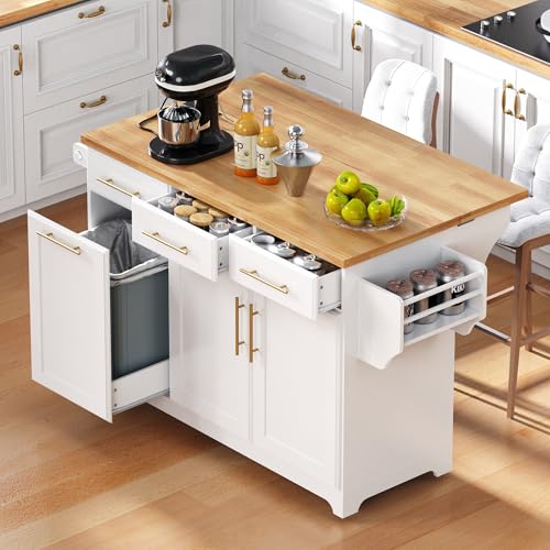 Farmhouse Kitchen Island with Drop Leaf, Barn Door and Wheels O34026