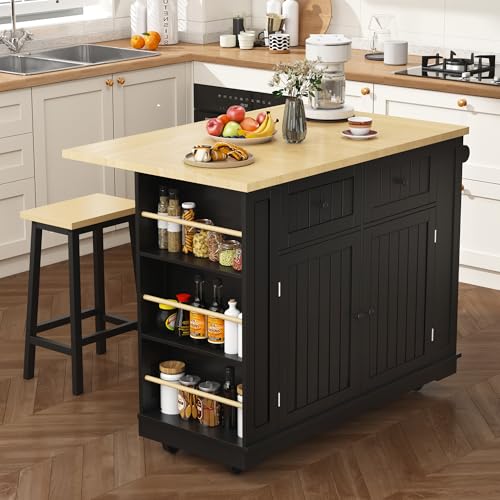 Kitchen Island Cart with Drop Leaf, Power Outlet, and 5 Storage Shelves Z644898
