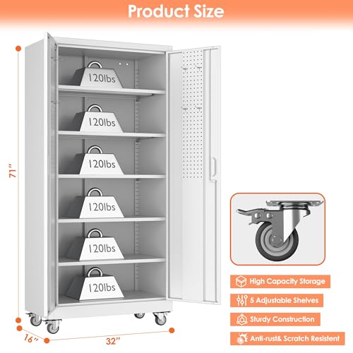 Metal Storage Cabinet with Wheels, 73" H, Locking Doors and Adjustable Shelves C8462