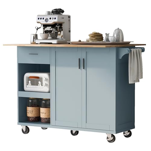 Large Kitchen Island with Drop Leaf, Rolling Cart, Power Outlet R822