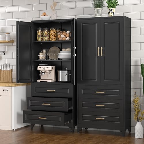 Tall Kitchen Storage Cabinet with Doors and Adjustable Shelves, Black Freestanding Cupboard X34021