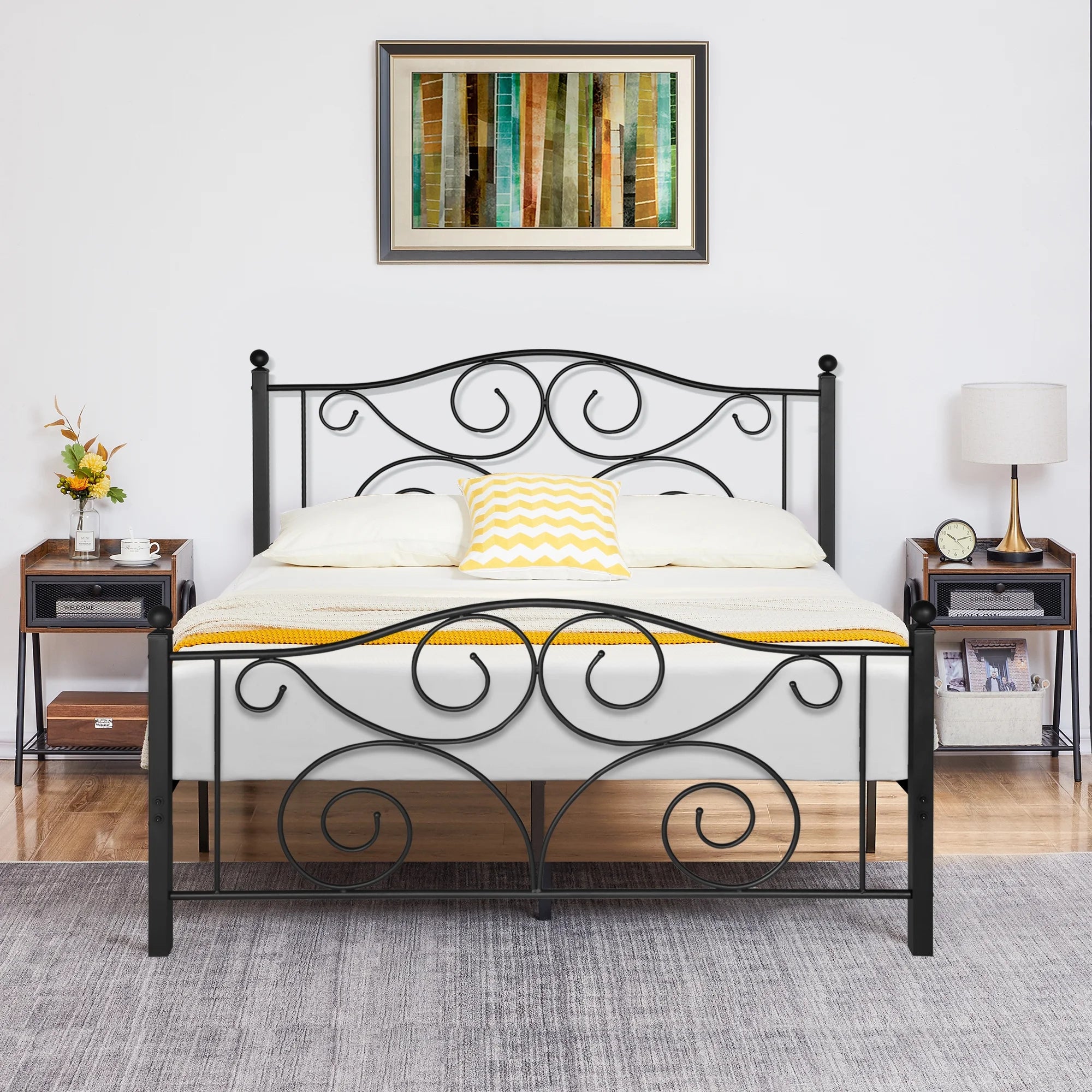 Metal Platform Bed Frame with Victorian Headboard, Full Size, Black C909