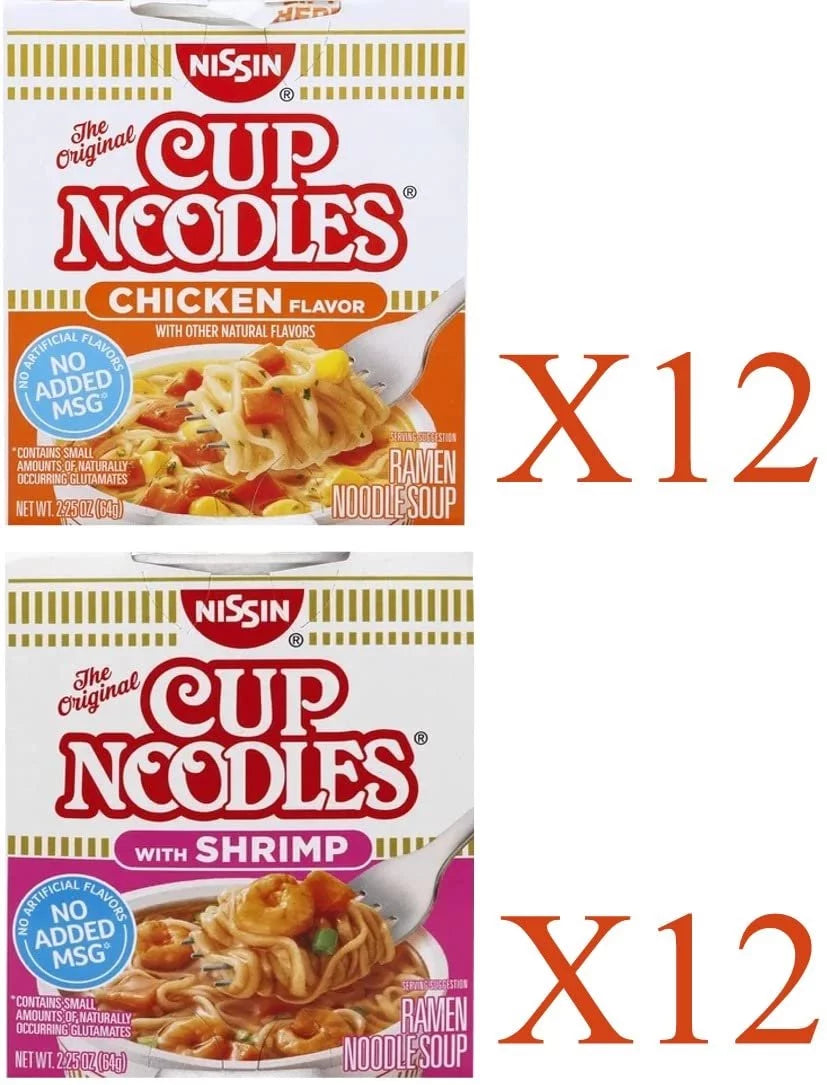 Instant Cup Noodles Variety Pack 24 Count, Shrimp and Chicken M981