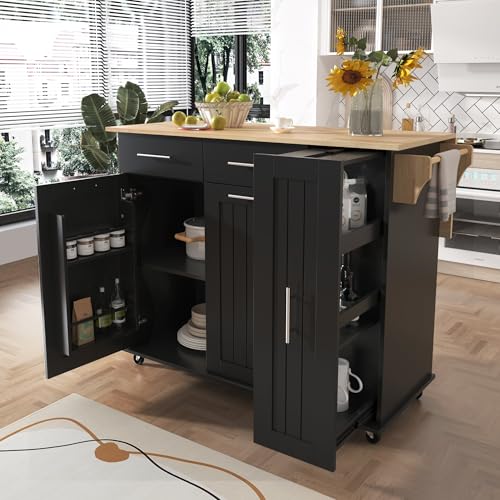 Large Kitchen Island with Drop Leaf, Rolling Cart, Power Outlet R822