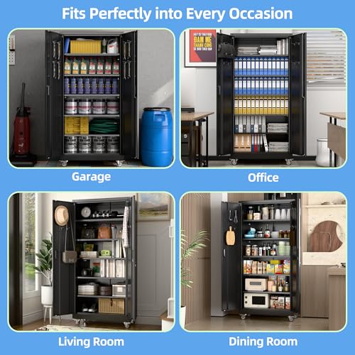 Garage Storage Cabinet with Wheels, 72" H, 2 Doors, 4 Adjustable Shelves, Black Q104