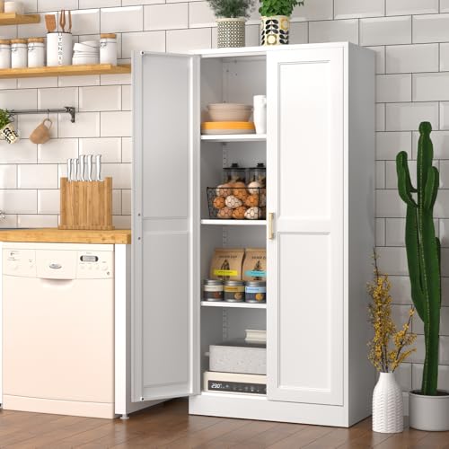 Tall Kitchen Storage Cabinet with Doors and Adjustable Shelves, Black Freestanding Cupboard X34021