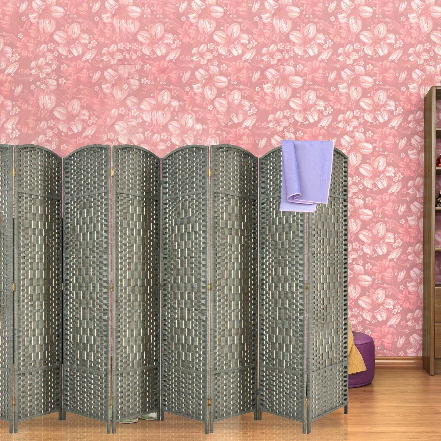5.7ft Wood Fiber Woven Room Divider 8 Panels, Foldable Grey I3023