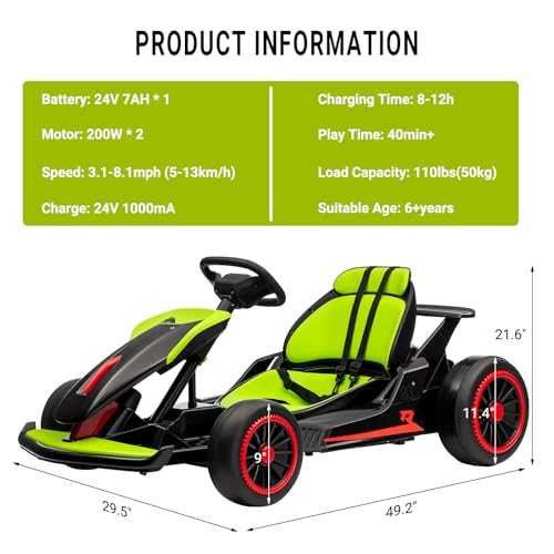 Kids Go Kart, 24V Electric Drift Car with Dual 200W Motors, 2-Speed, White B188186