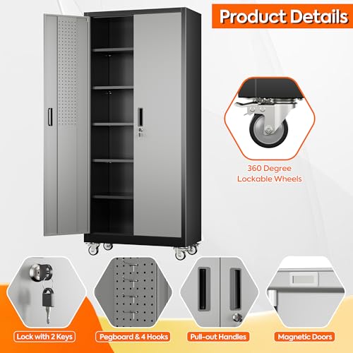 Metal Storage Cabinet with Wheels, 73" H, Locking Doors and Adjustable Shelves C8462