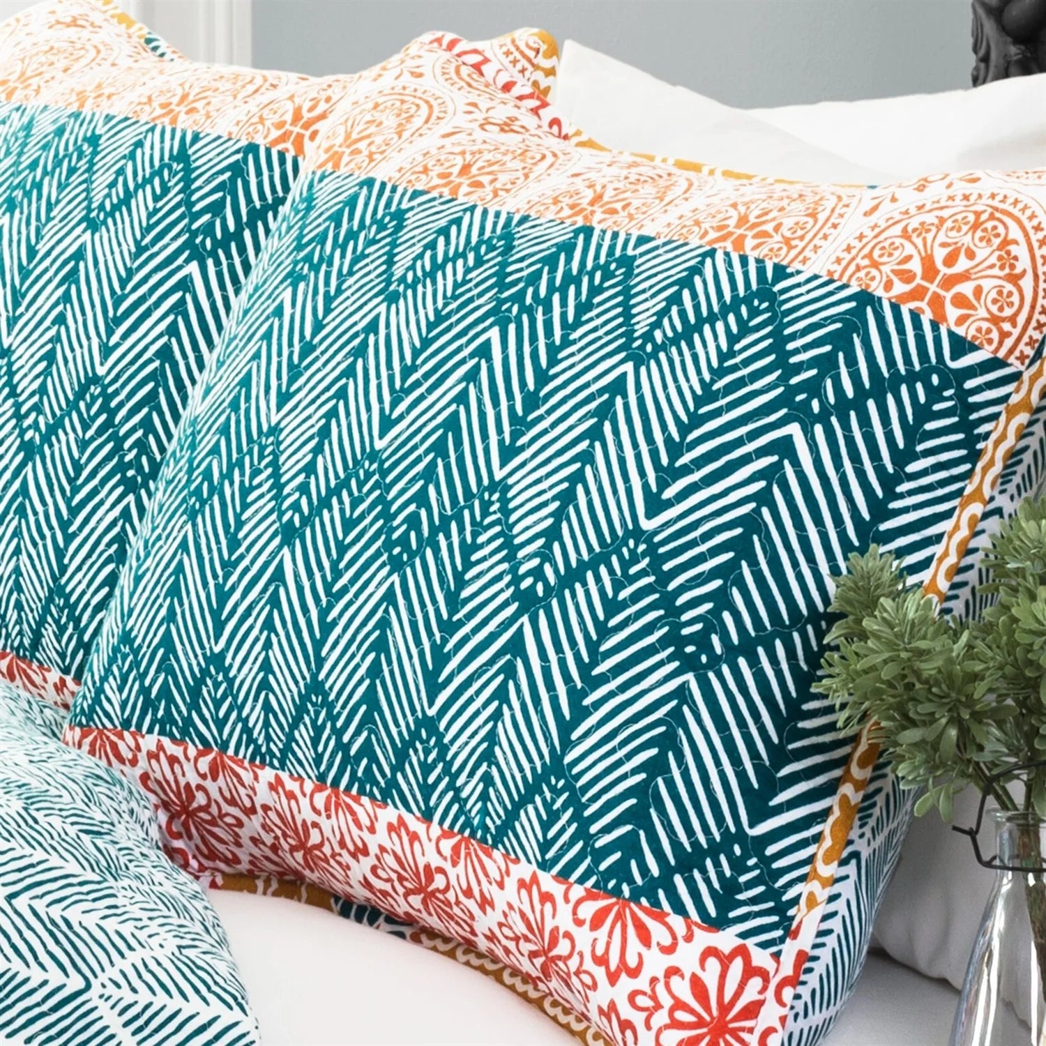 Cotton 3 Piece Reversible Teal Orange Bohemian Stripe Quilt Set O379104
