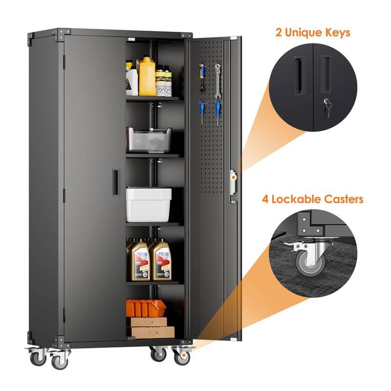 Garage Storage Cabinet with Wheels, 72" H, 2 Doors, 4 Adjustable Shelves, Black Q104