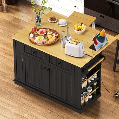 Kitchen Island Cart with Drop Leaf, Power Outlet, and 5 Storage Shelves Z644898