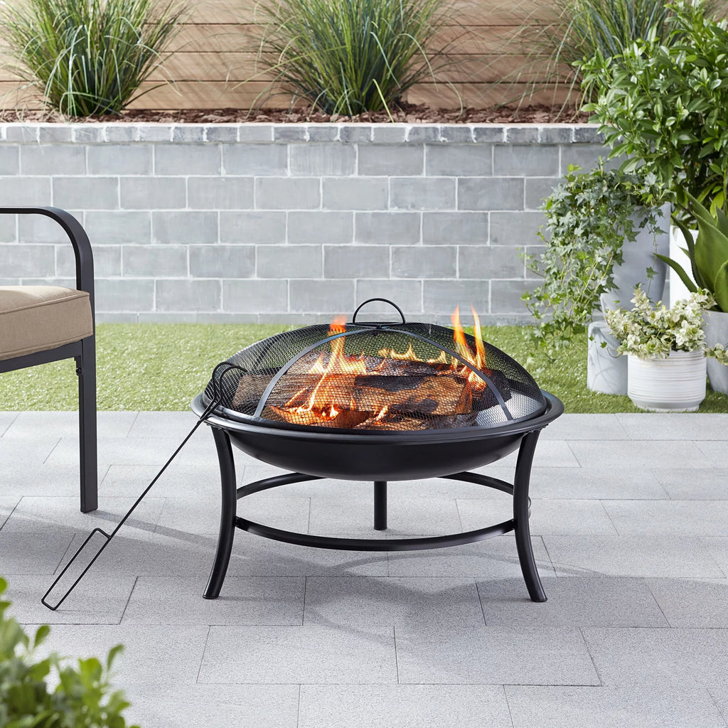 26" Round Iron Outdoor Wood Burning Fire Pit, Black T9344