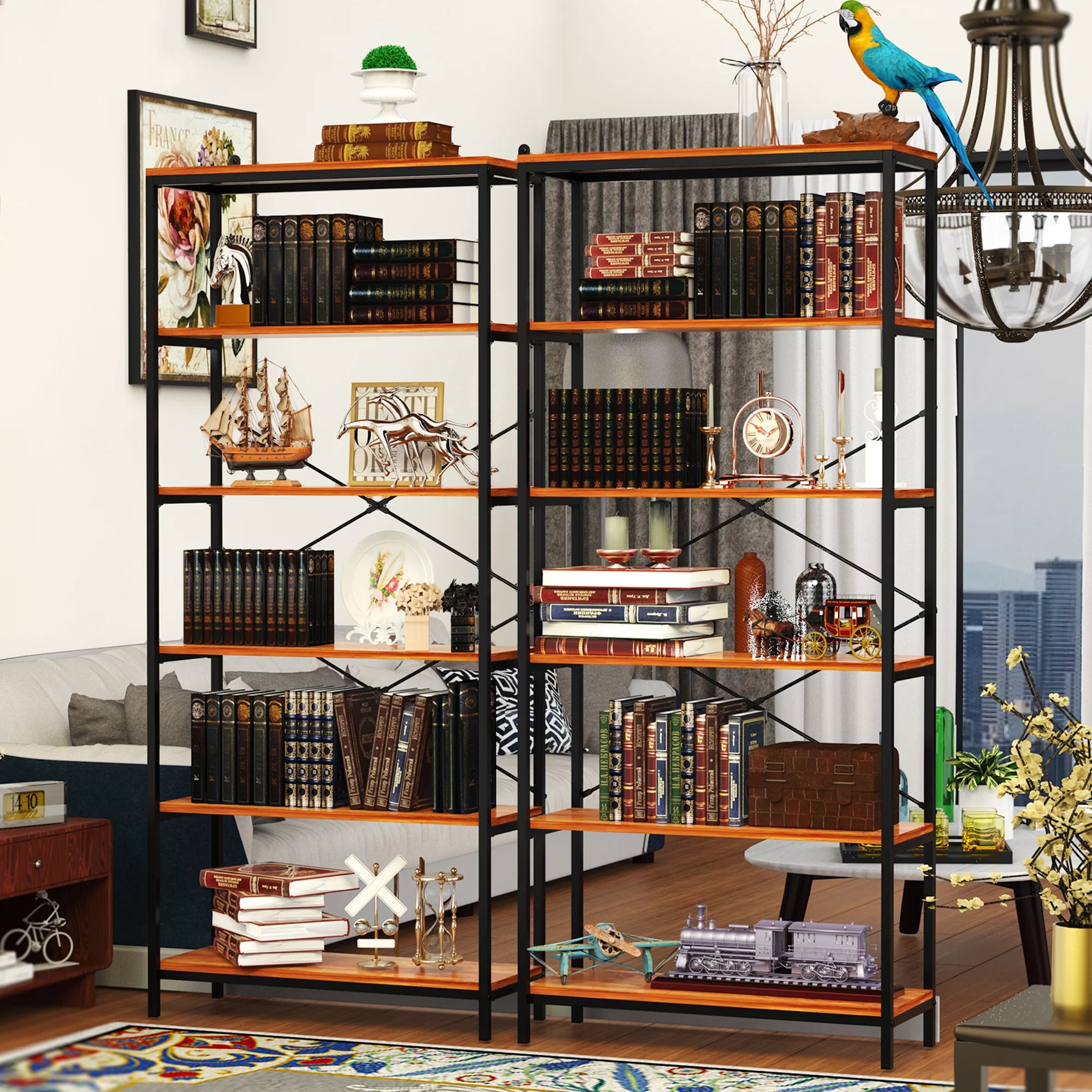 5-Tier Tall Bookcase, Rustic Wood and Metal Open Shelf Unit P380