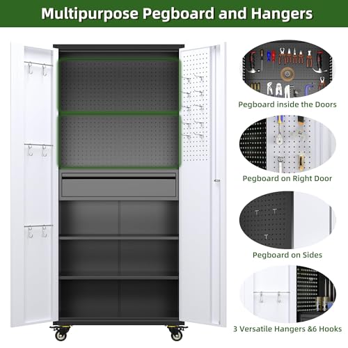 Garage Storage Cabinet with Wheels, 72" H, 2 Doors, 4 Adjustable Shelves, Black Q104