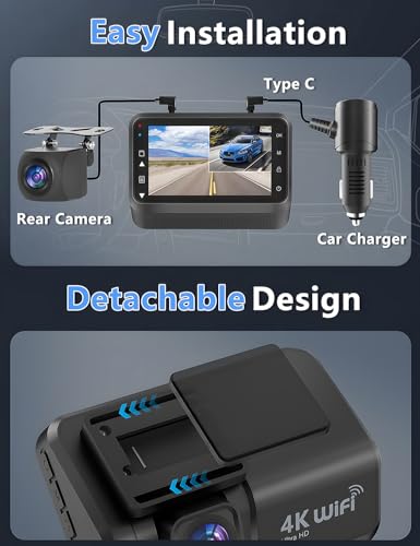 Dash Cam Front and Rear, 4K+1080P WiFi Dual Dash Cam with App, 3" IPS Screen, Night Vision, 24/7 Parking Monitor X881