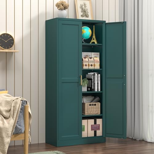 Tall Kitchen Storage Cabinet with Doors and Adjustable Shelves, Black Freestanding Cupboard X34021