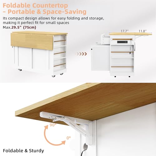 Kitchen Island Cart with Drop Leaf, Power Outlet, and 5 Storage Shelves Z644898