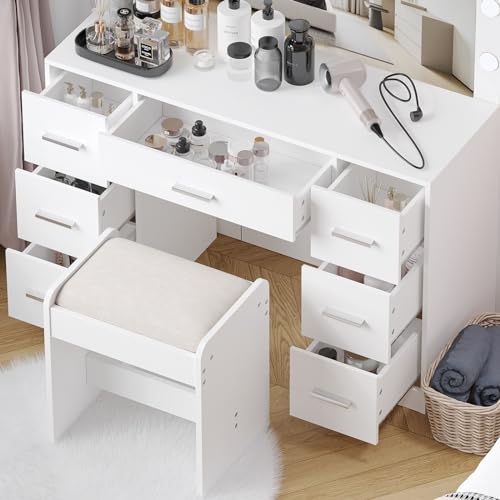 Vanity Desk with Stool, Lighted Mirror, 3 Color Modes, Adjustable Brightness, Drawers, White S703720