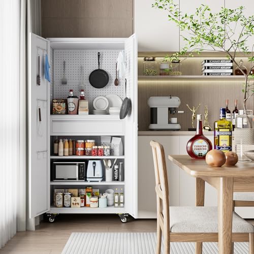 Metal Storage Cabinet with Wheels, 73" H, Locking Doors and Adjustable Shelves C8462